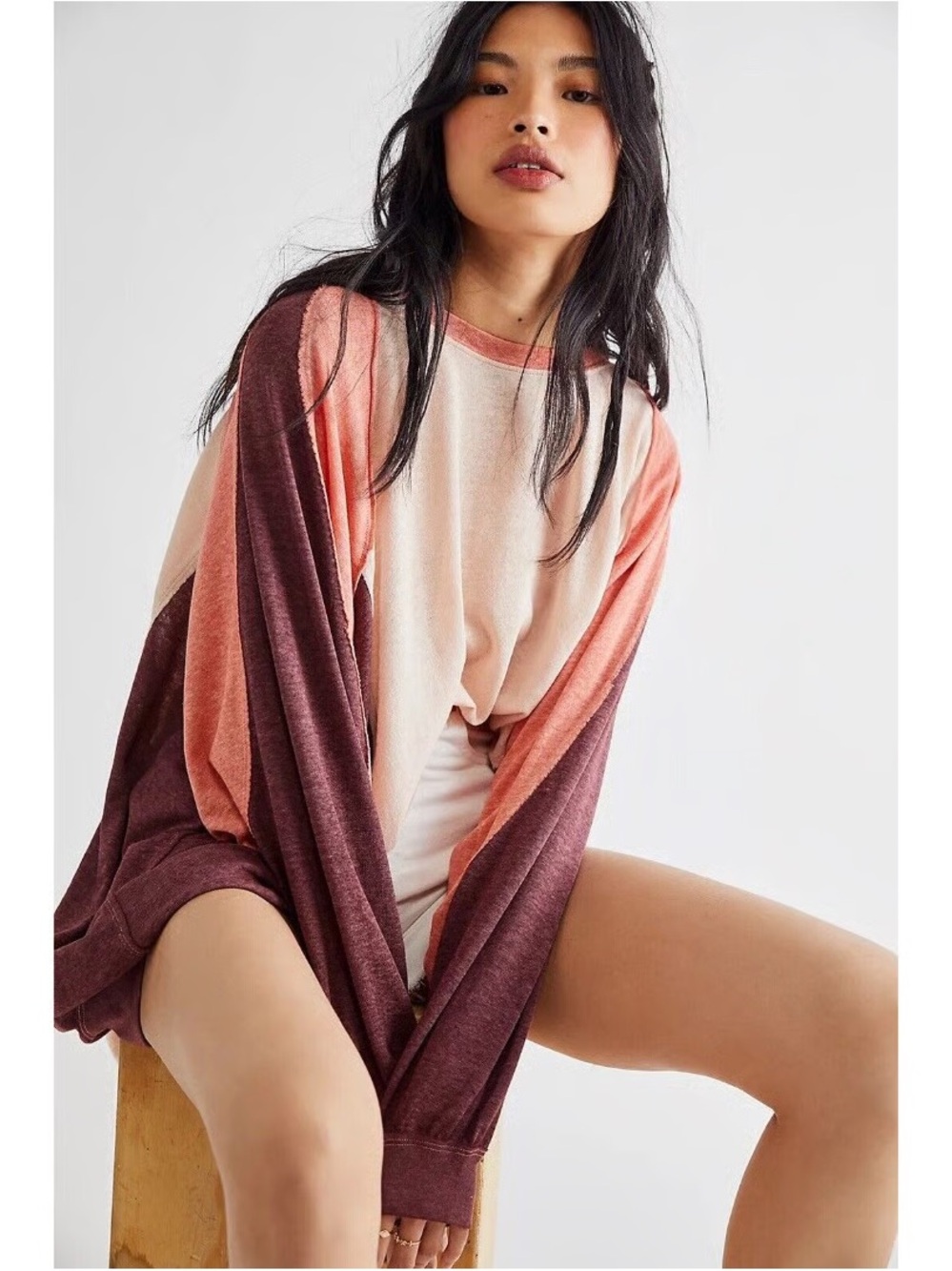 Free People We The Free Home Stretch oversized Long Sleeve t shirt pink burgundy